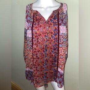 Roz & Ali Burgundy Boho Long Sleeve Blouse, Size L